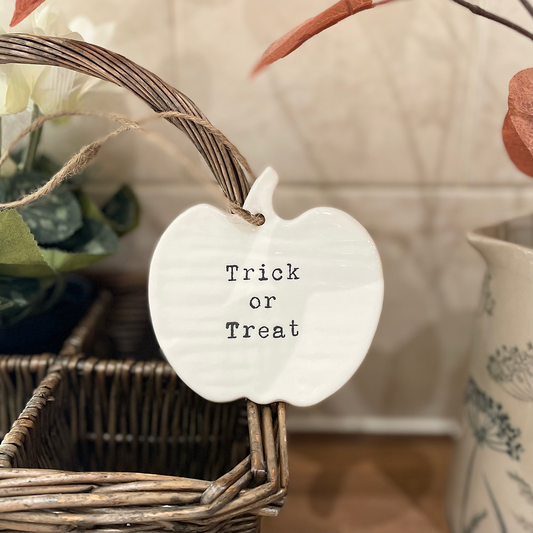 Trick or Treat White Ceramic Pumpkin Hanger