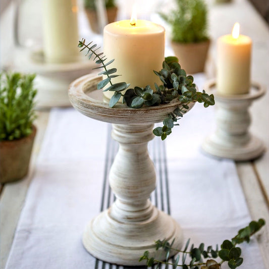 White Wood Pillar Candle Holder