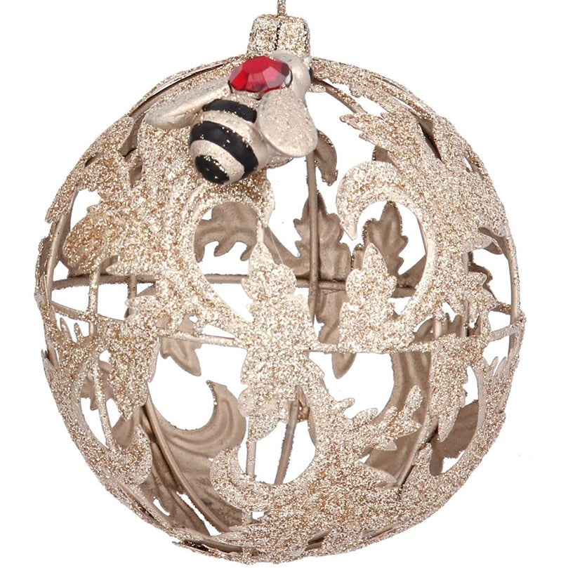 Gold Sparkle Leaf Metal Bauble with Bee