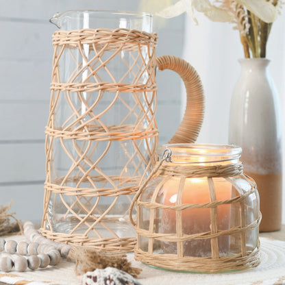 Tall Glass and Rattan Jug