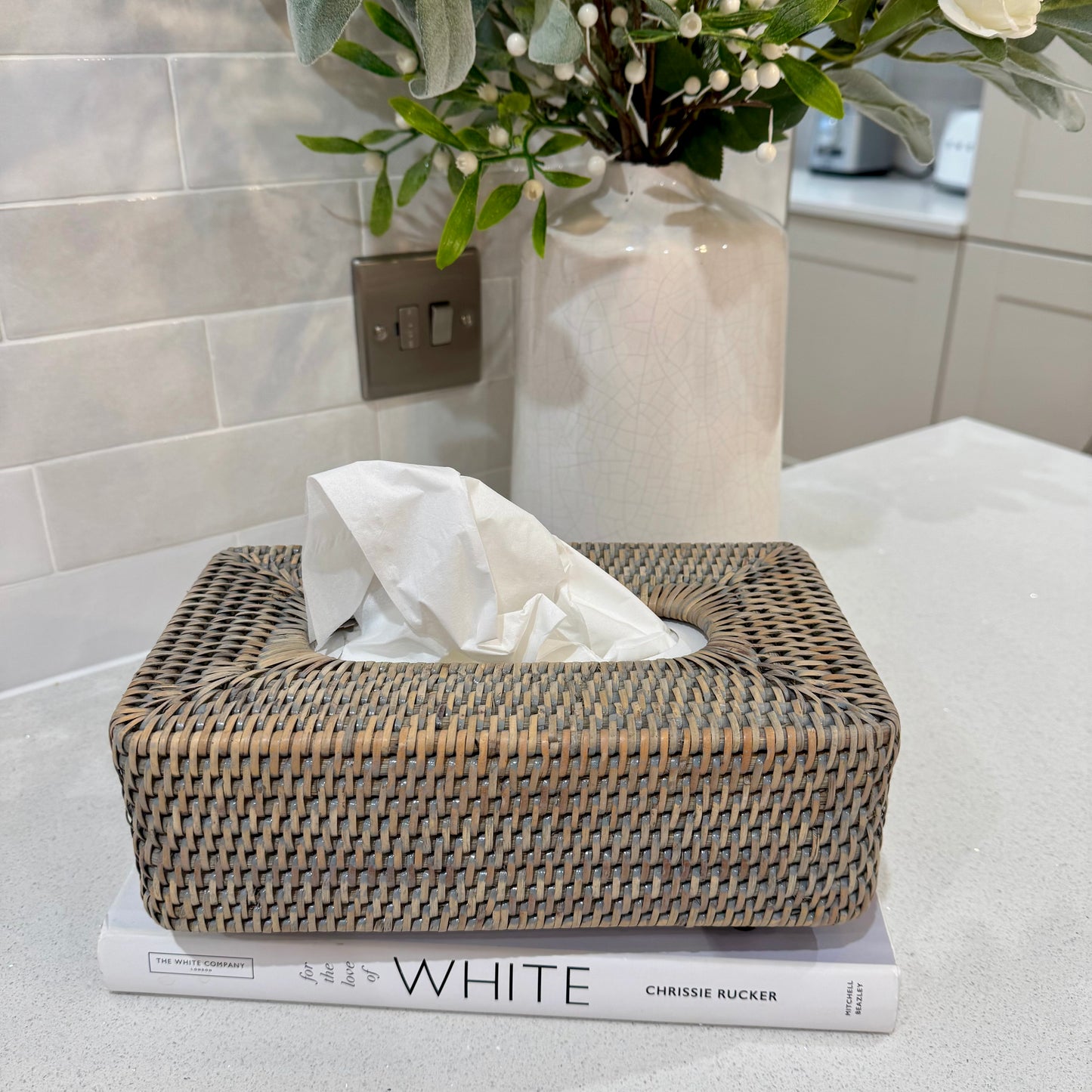 Grey Washed Rattan Tissue Box Holder