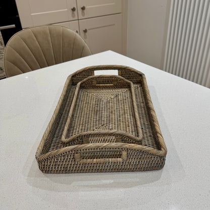 Grey Washed Rattan Morning Tray - 2 Sizes